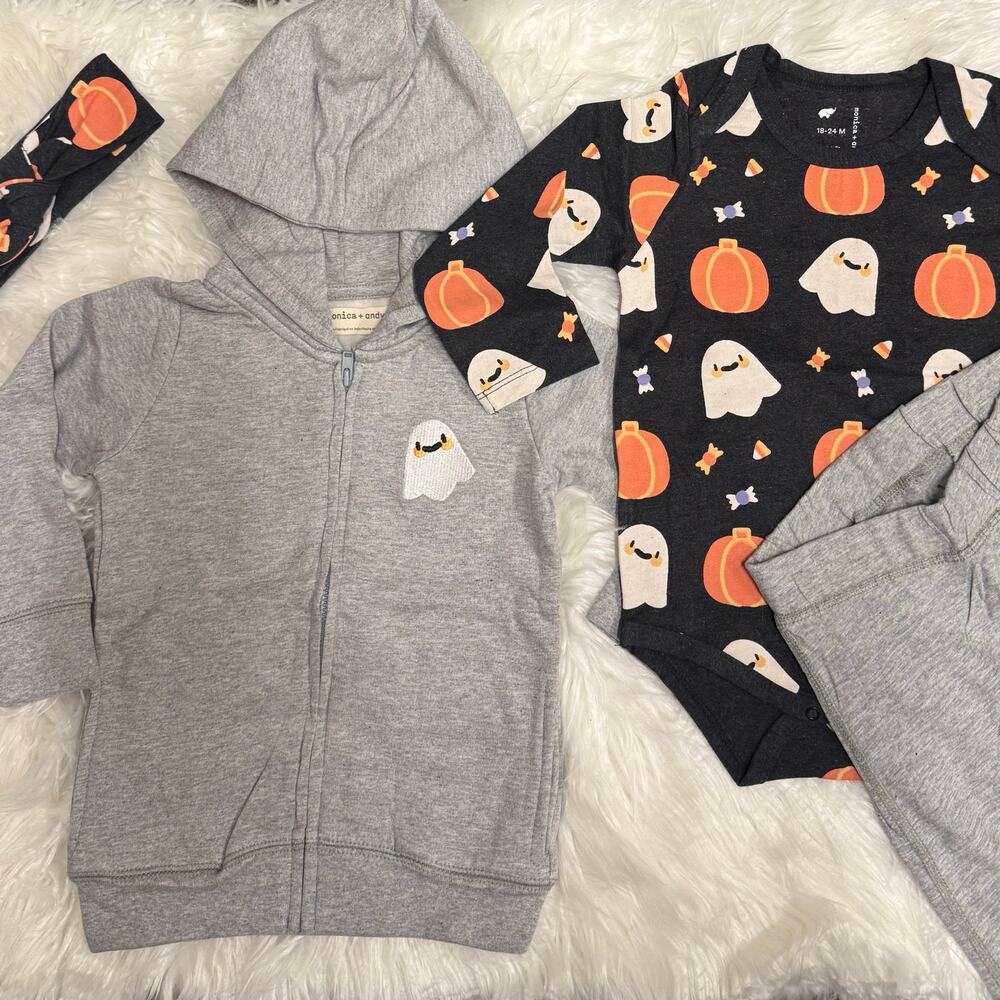 Halloween Ghost Pattern Baby Outfit 4 Piece Set Organic Cotton Monica + Andy